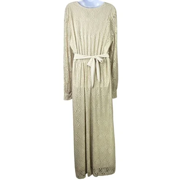 Karen-T Design Womens Lace Maxi Faux-Wrap Dress 2X Beige Long Sleeve Elegant Gow - Picture 3 of 6